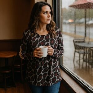 Reborn J Leopard Cheetah Tunic Sweater With Lace Elbow Patches Large L Top